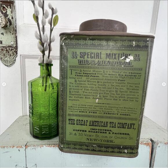 Antique Large Tin Container Green Great American Tea Company New York - Picture 4 of 9